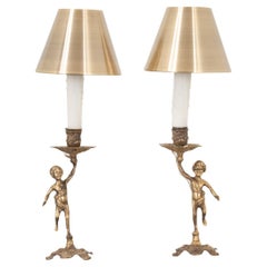 Antique Pair of Brass Putti Candlestick Lamps