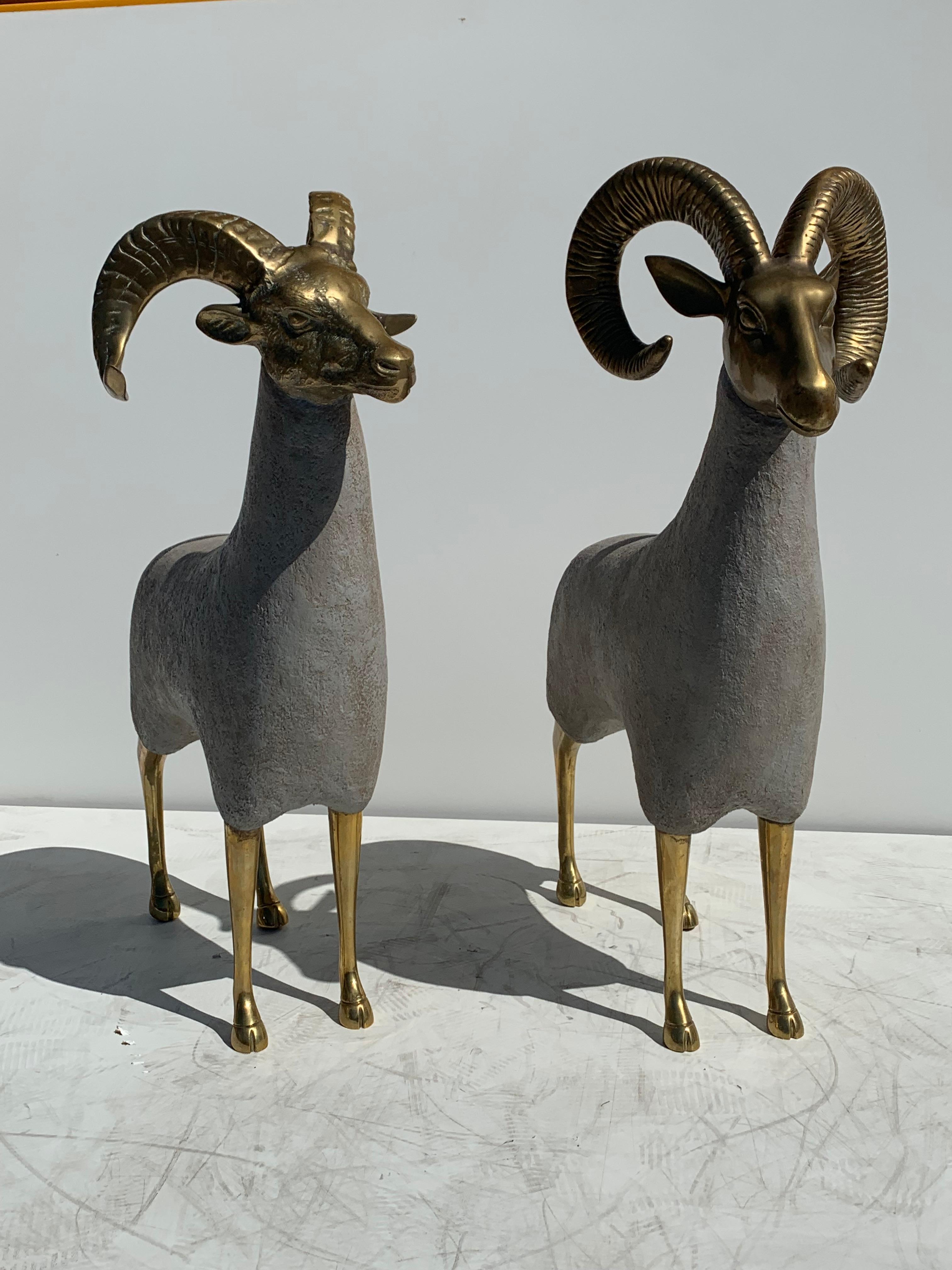 Hollywood Regency Pair of Brass Ram or Sheep Sculptures