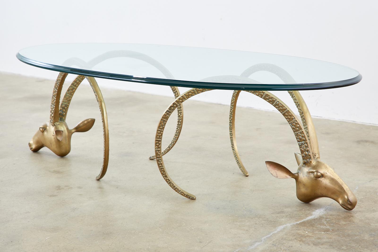 Hollywood Regency Pair of Brass Rams Head Ibex Coffee Cocktail Table