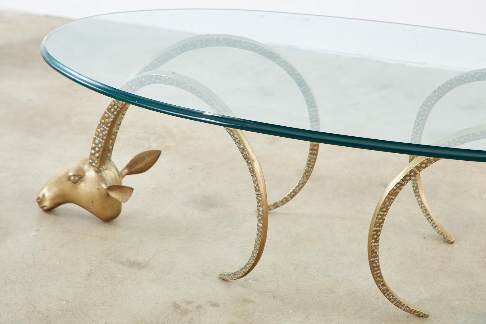Beveled Pair of Brass Rams Head Ibex Coffee Cocktail Table