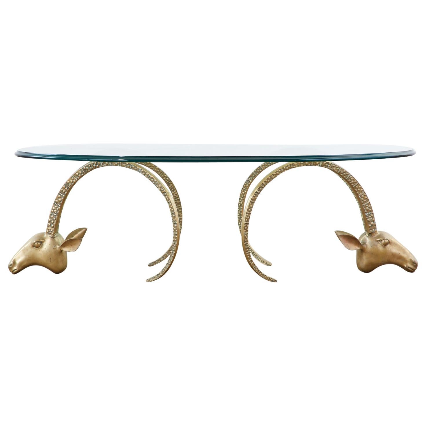 Pair of Brass Rams Head Ibex Coffee Cocktail Table