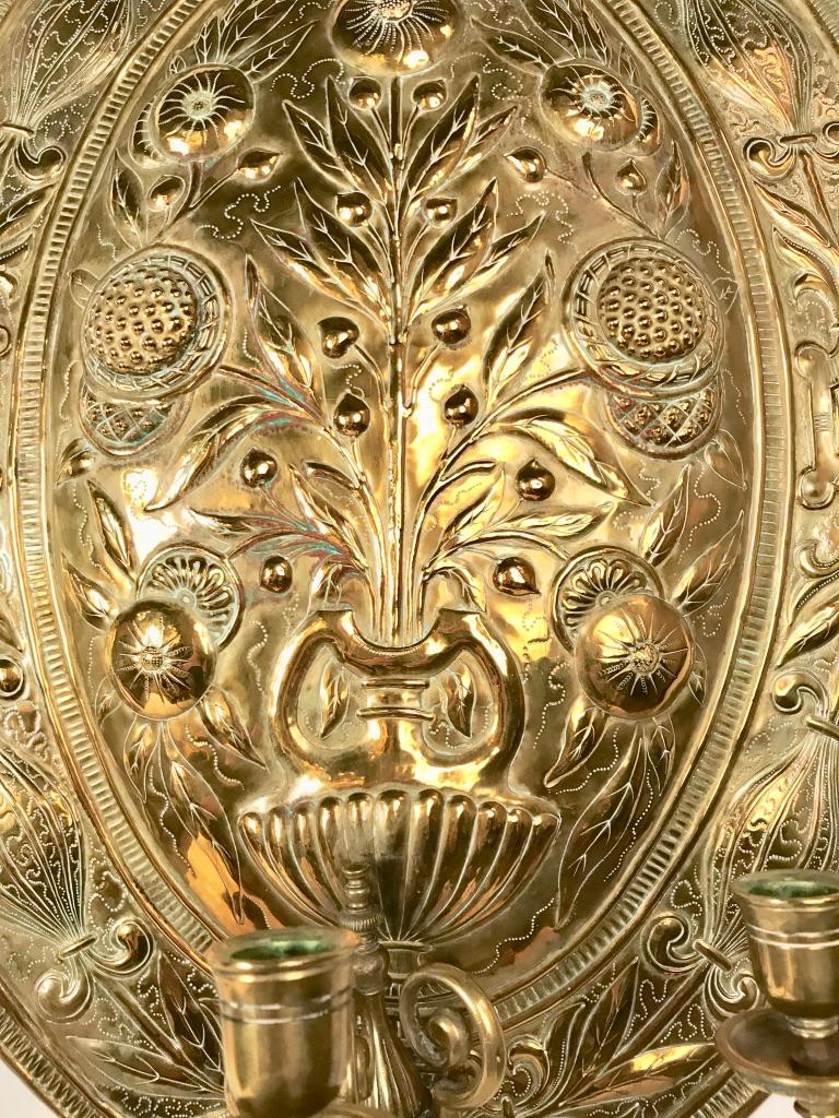 Pair of Brass Repoussé Three-Light Sconces In Good Condition In Stamford, CT