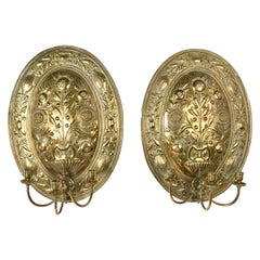 Antique Pair of Brass Repoussé Three-Light Sconces