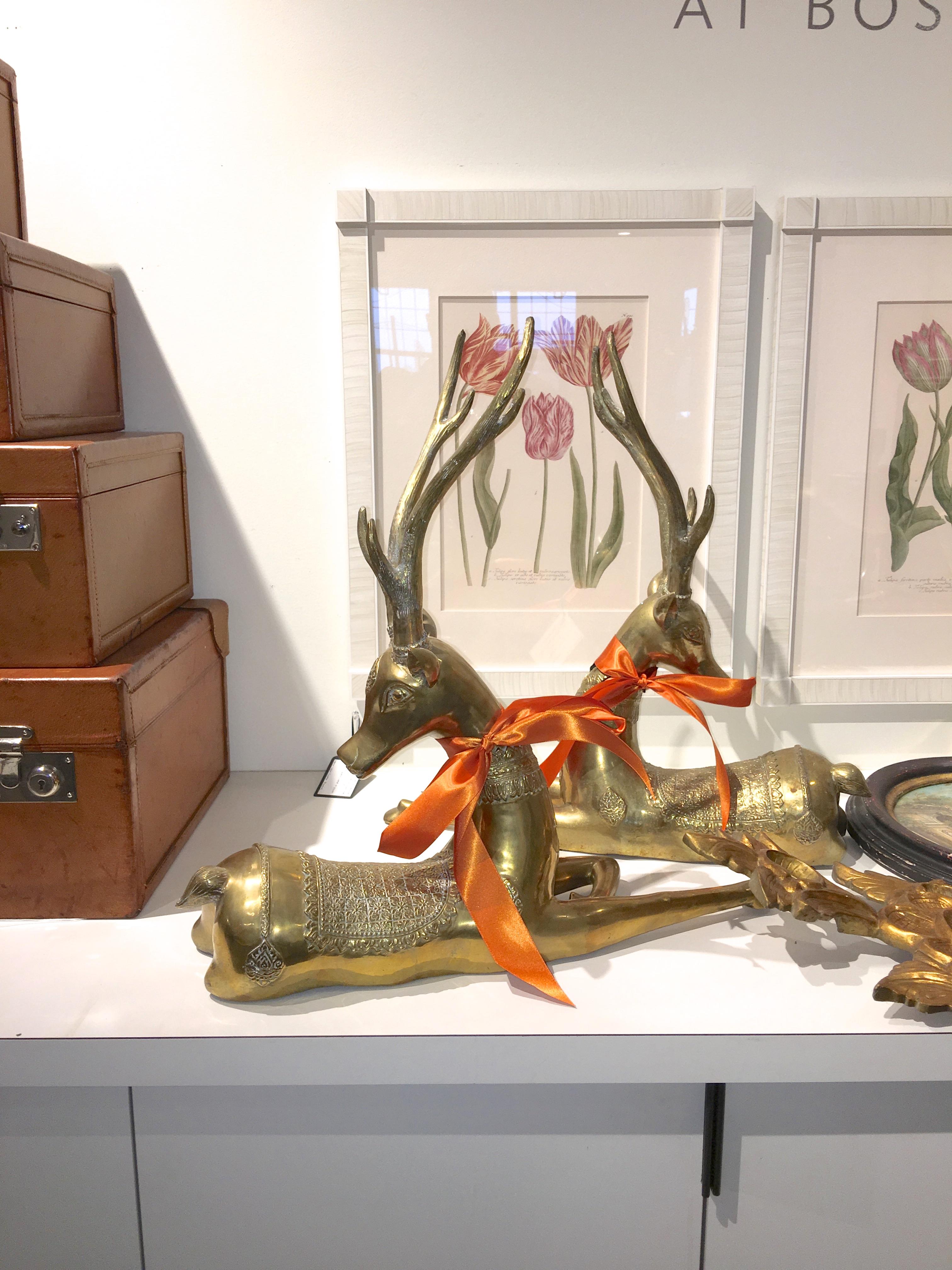 Hollywood Regency Pair of Brass Resting Deer by Sarreid