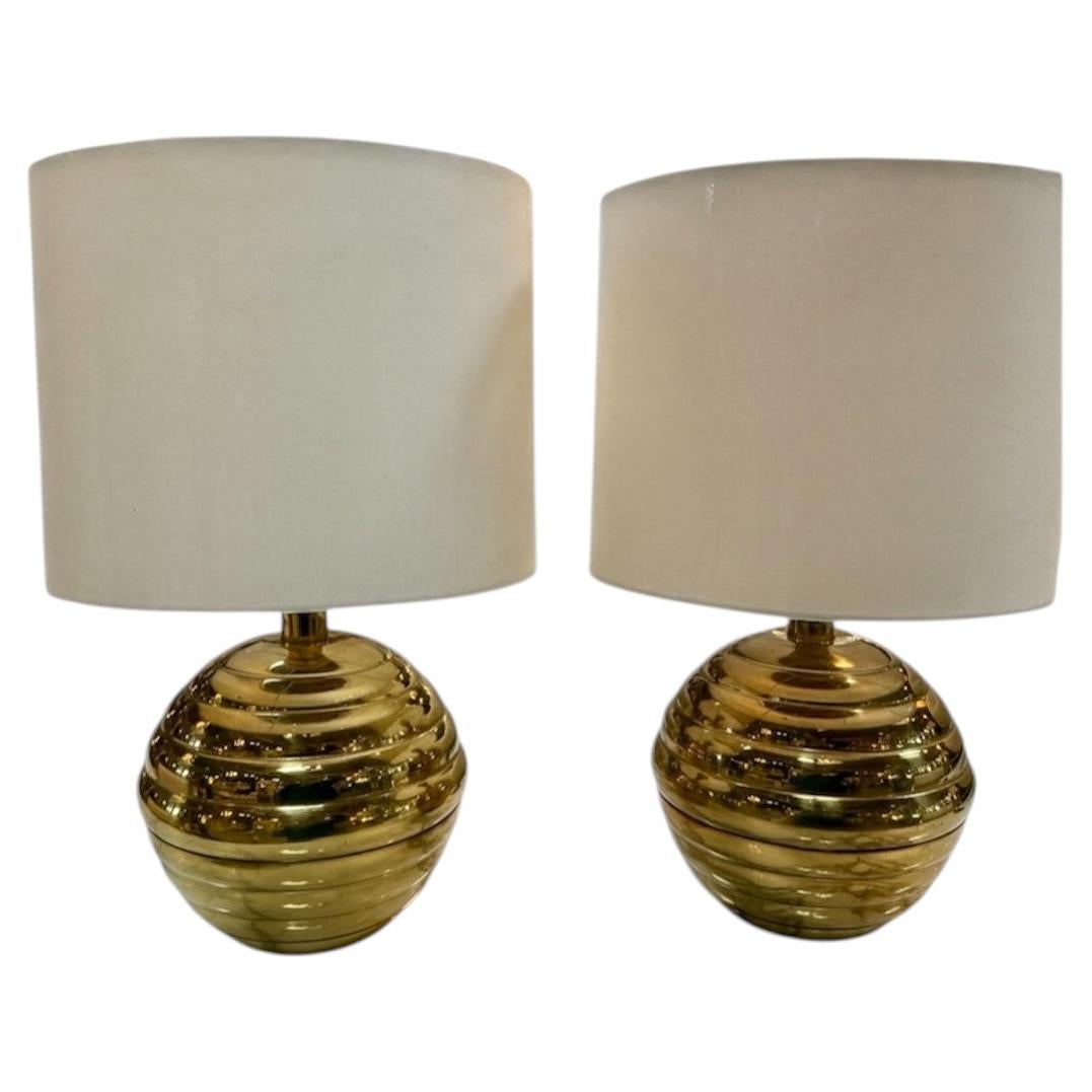 Pair of Brass Ribbed Base Table Lamps with Drum Shades