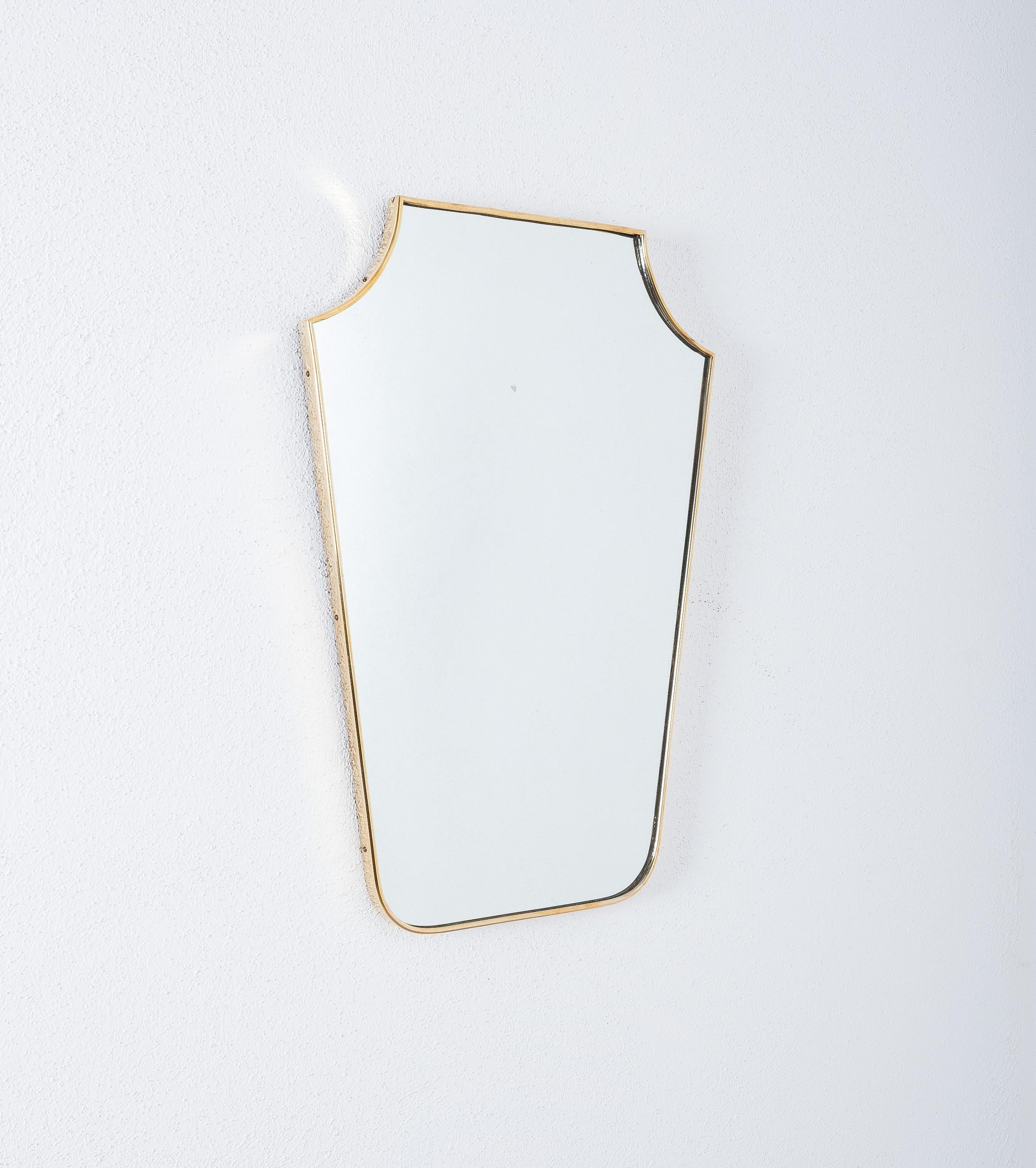 Glass Pair of Brass Rim Frame Mirrors, Mid Century, Italy