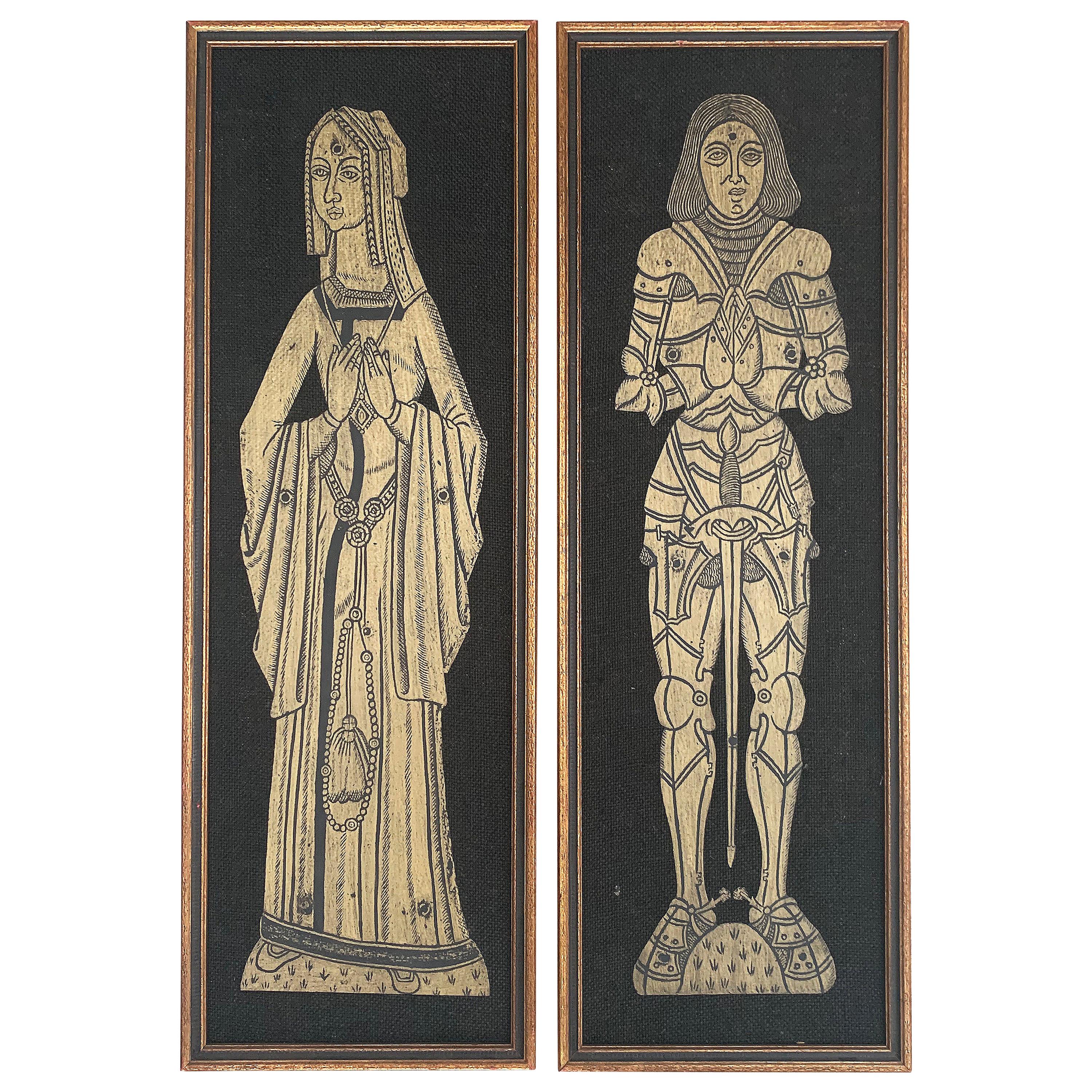 Pair of Brass Rubbings Art of 16th-17th Century Figures on Burlap