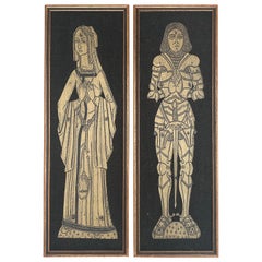 Vintage Pair of Brass Rubbings Art of 16th-17th Century Figures on Burlap