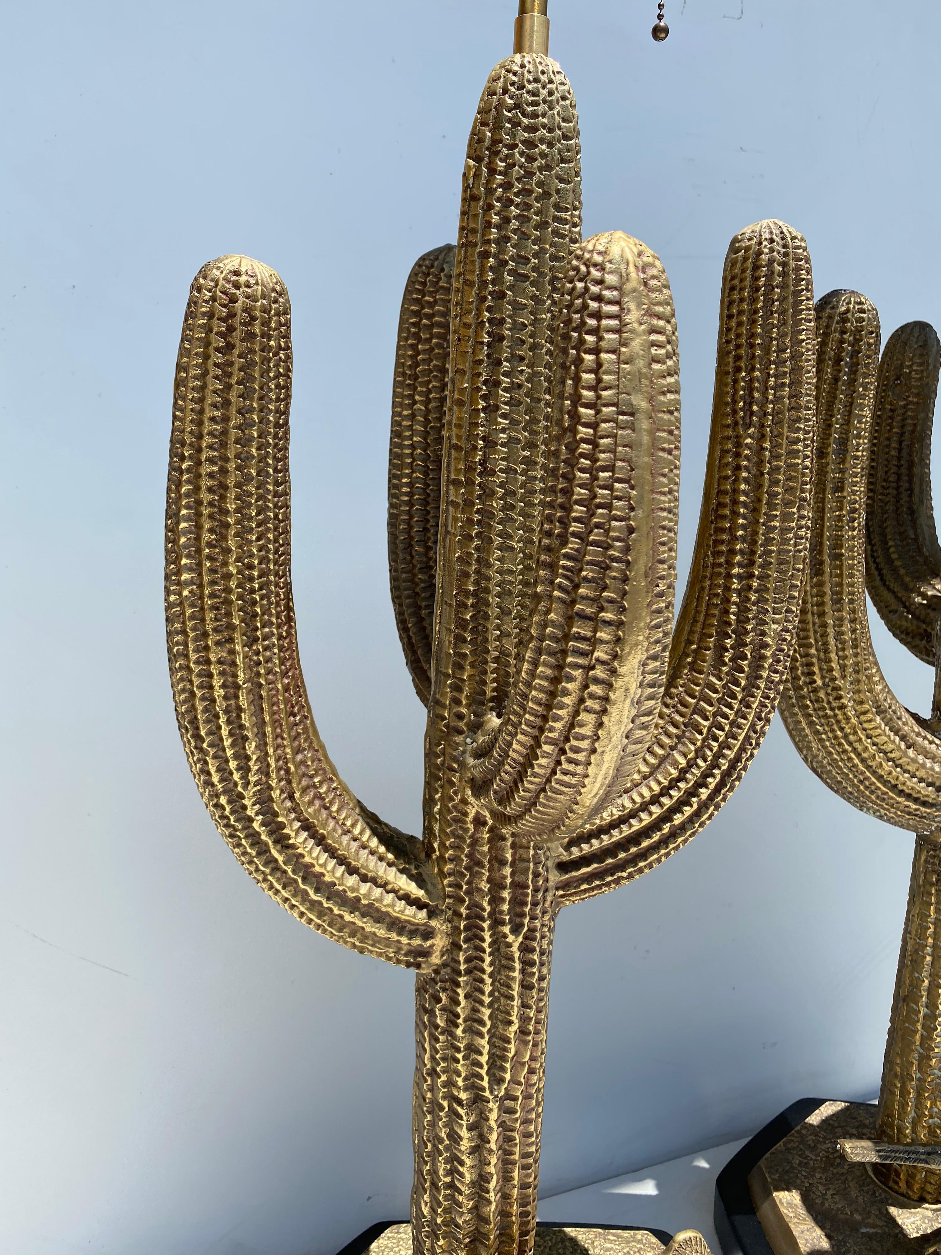Hollywood Regency Pair of Brass Saguaro Cactus Lamps