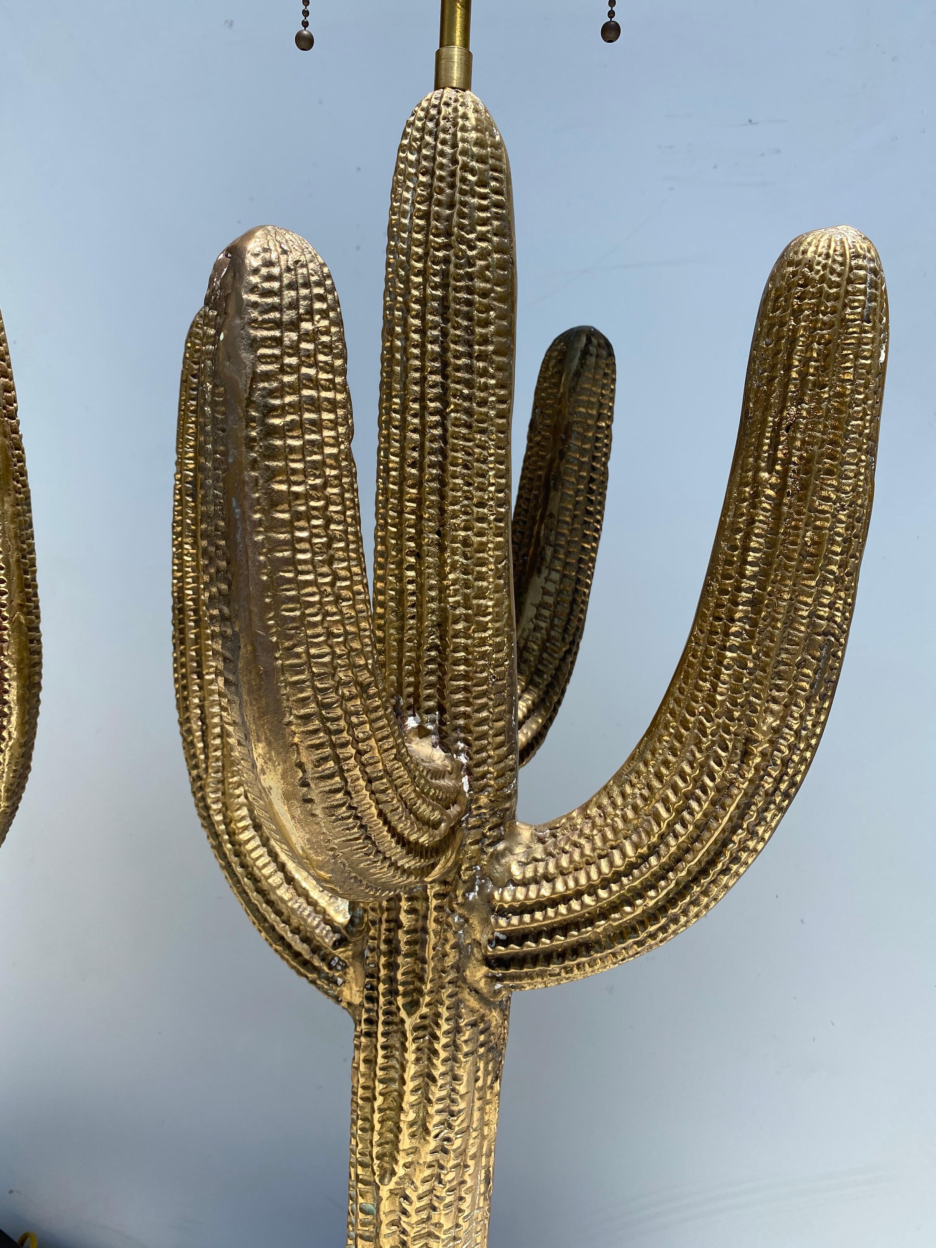 Patinated Pair of Brass Saguaro Cactus Lamps