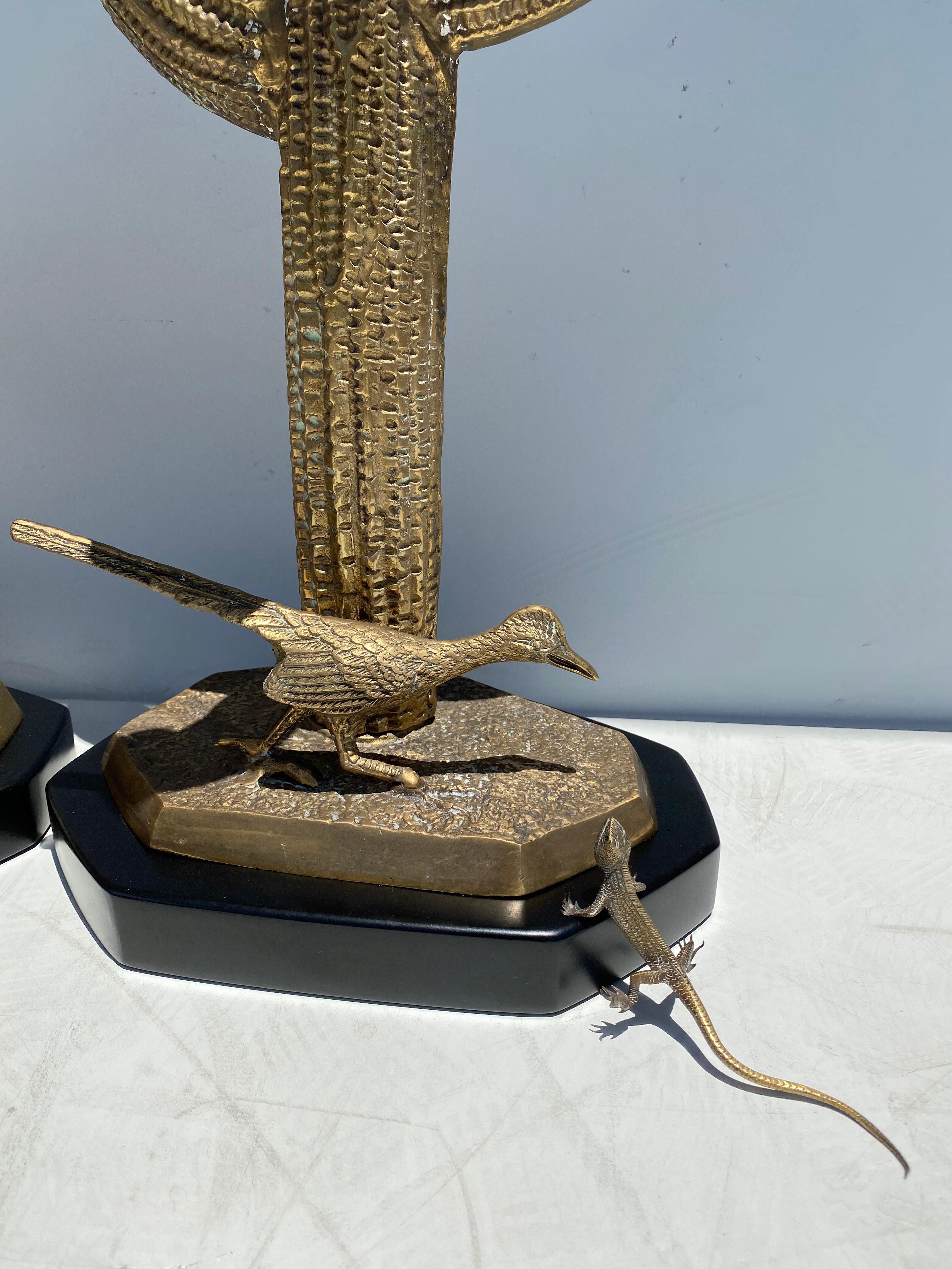 Late 20th Century Pair of Brass Saguaro Cactus Lamps