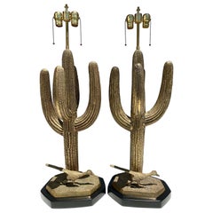 Vintage Pair of Brass Saguaro Cactus Lamps