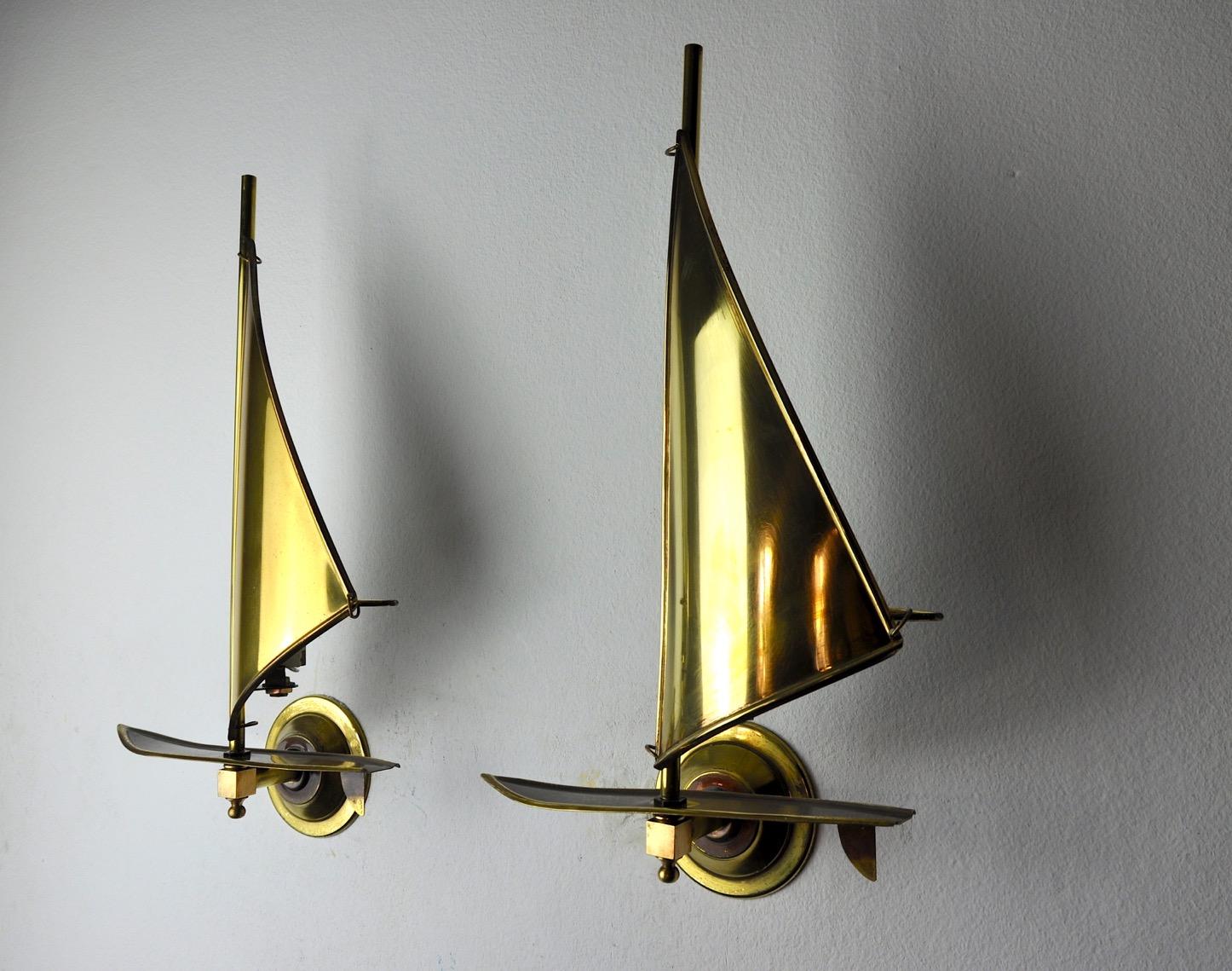 Hollywood Regency Pair of Brass Sailboat Sconces, Midcentury, Italy, 1950s