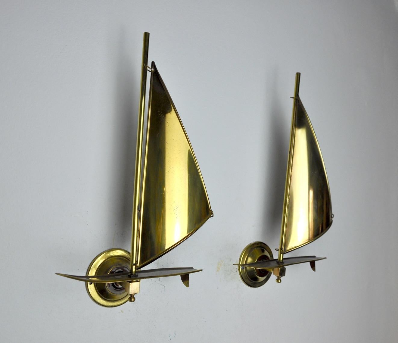 Italian Pair of Brass Sailboat Sconces, Midcentury, Italy, 1950s