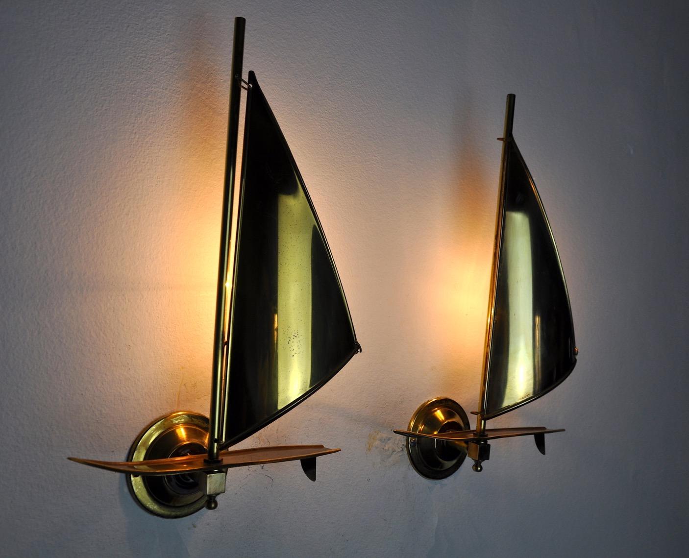 Pair of Brass Sailboat Sconces, Midcentury, Italy, 1950s 1