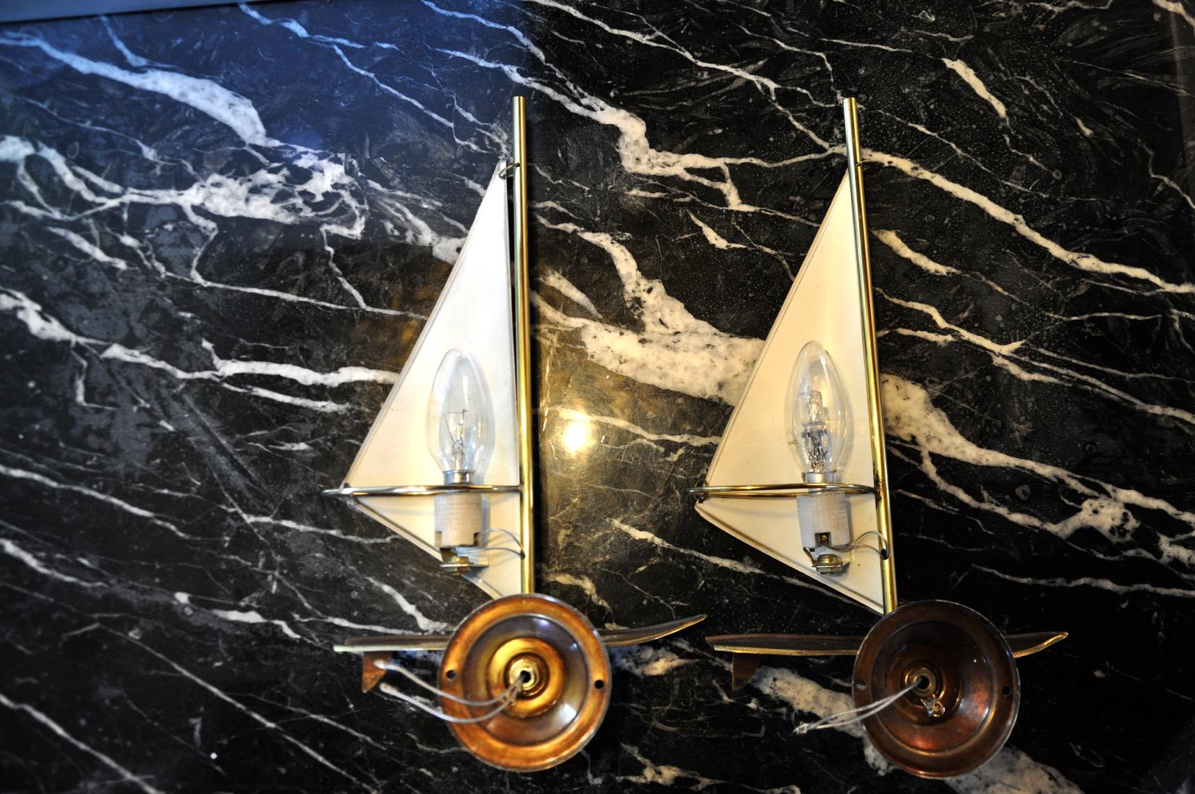 Pair of Brass Sailboat Sconces, Midcentury, Italy, 1950s 2