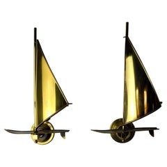 Pair of Brass Sailboat Sconces, Midcentury, Italy, 1950s