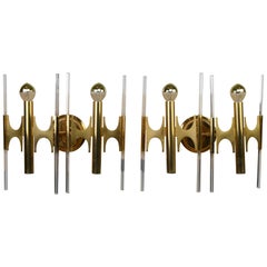 Pair of Brass Sciolari Scones with Murano Glass Rods, Mid-Century Modern, 1960s