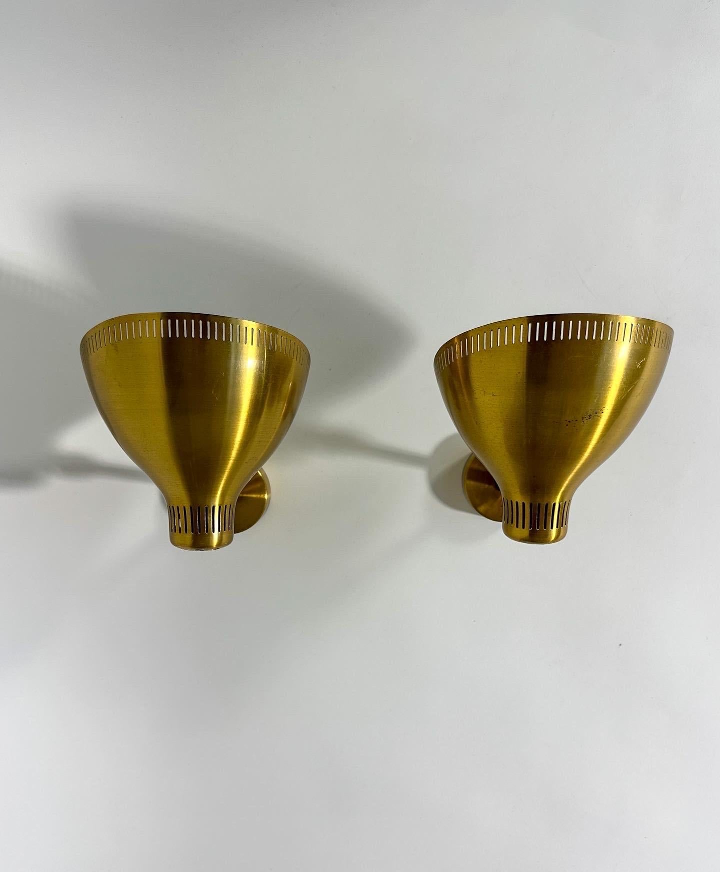 Hand-Crafted Pair of Brass Sconces Hans Bergström Wall Lamps ASEA Sweden 1950s