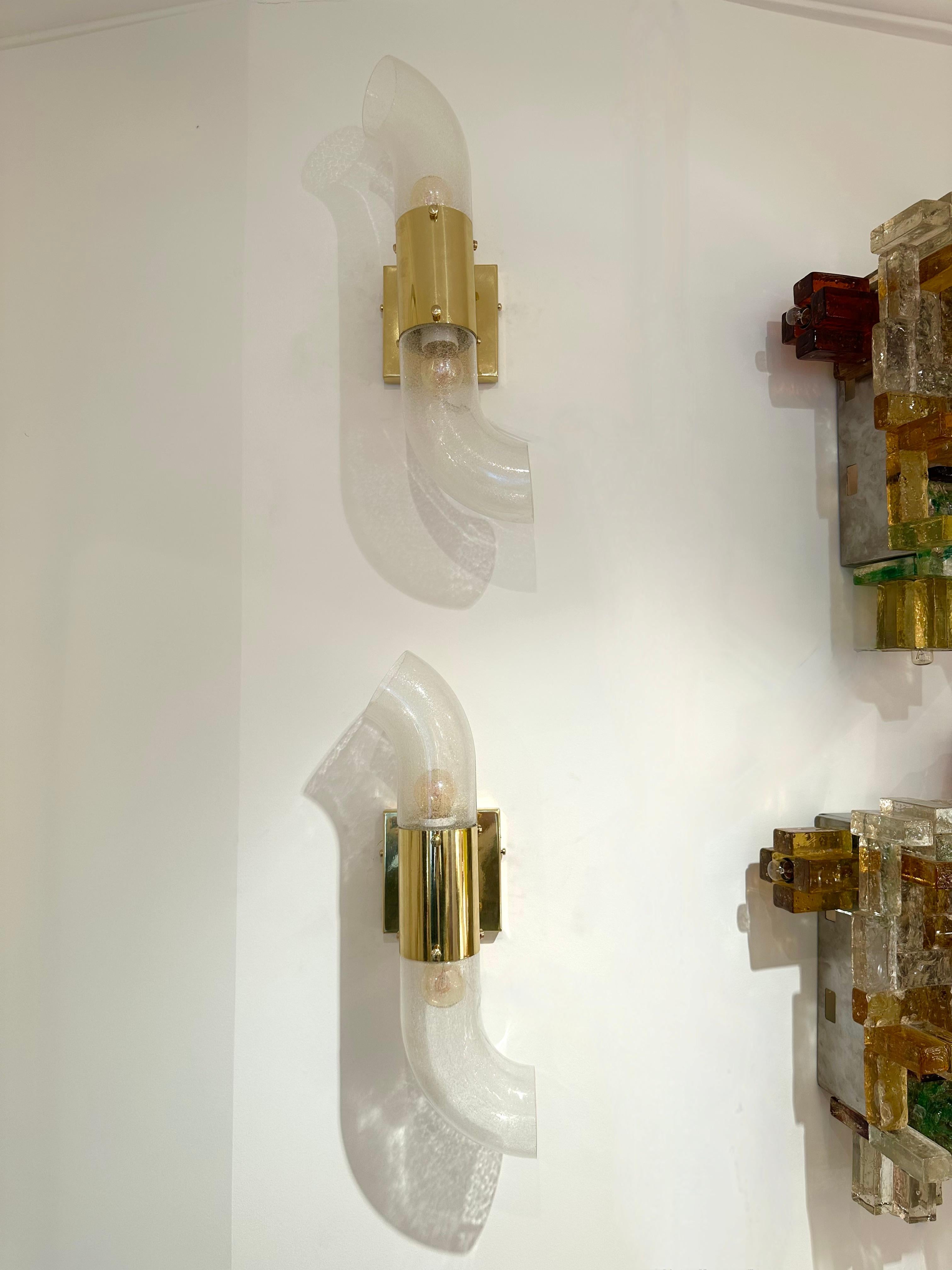 Late 20th Century Pair of Brass Sconces Murano Glass by Aldo Nason for Mazzega, Italy, 1970s For Sale