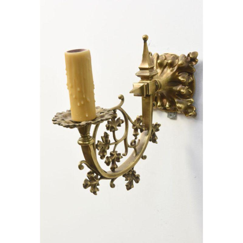 Gothic Pair of Brass Sconces with Cast Leaf Patterned Arms For Sale