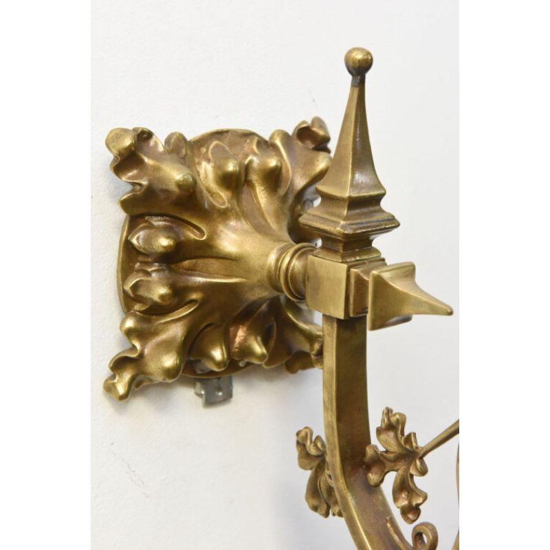 American Pair of Brass Sconces with Cast Leaf Patterned Arms For Sale