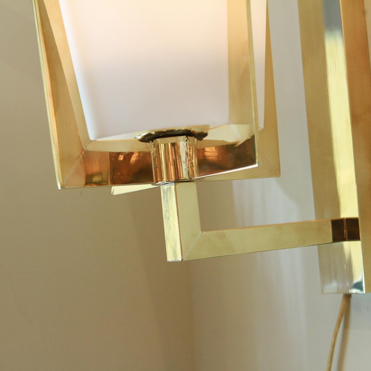 Mid-Century Modern Pair of Brass Sconces with Conical Frosted Glass Shades For Sale