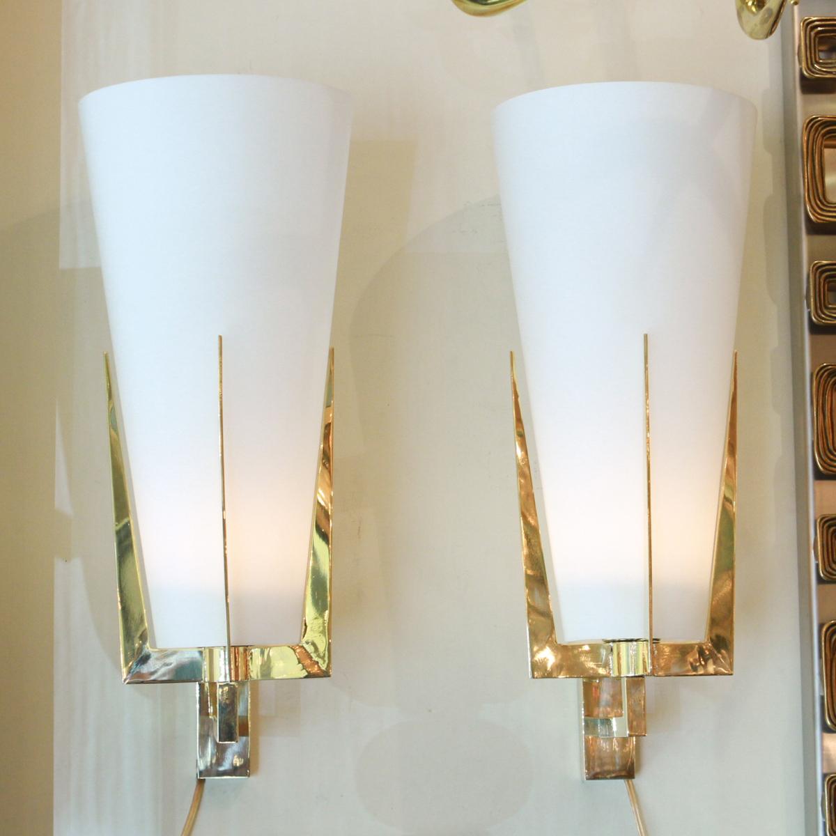 Italian Pair of Brass Sconces with Conical Frosted Glass Shades For Sale