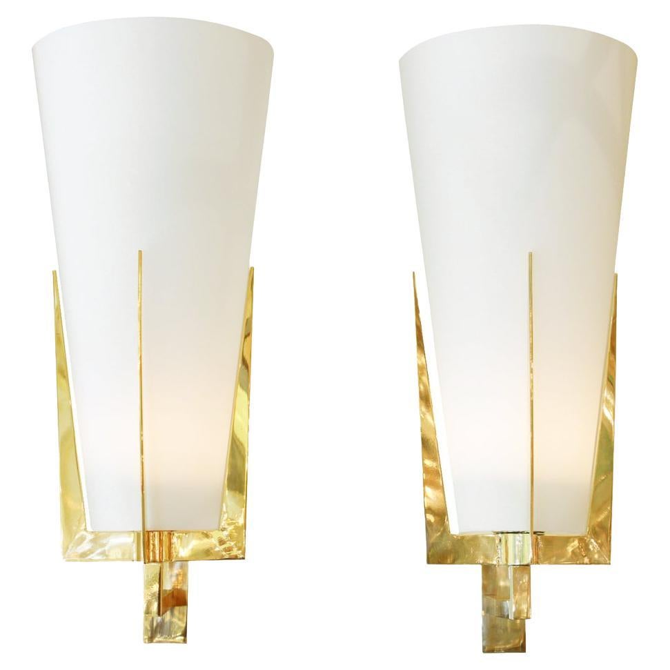 Pair of Brass Sconces with Conical Frosted Glass Shades For Sale
