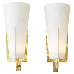 Pair of Brass Sconces with Conical Frosted Glass Shades