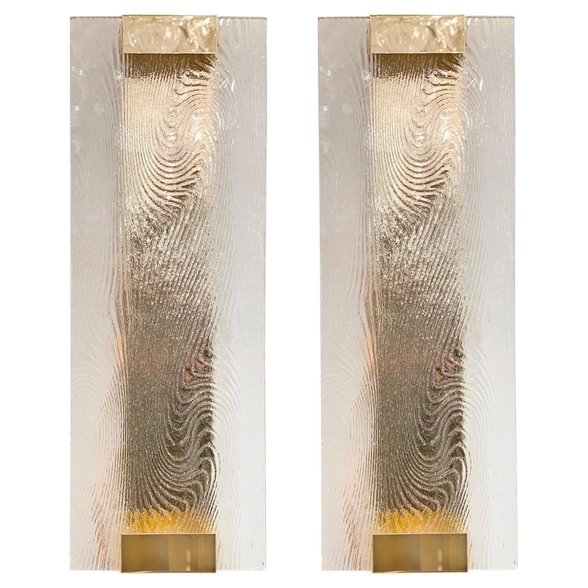 Pair of Brass Sconces with Frosted Glass Panel Shades
