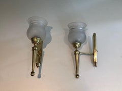 Pair of Brass Sconces with Frosted Glass Tulips in the Style of Maison Jansen