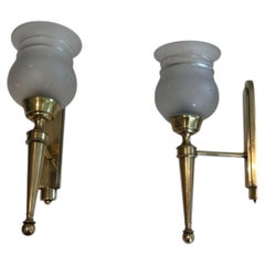 Pair of Brass Sconces with Frosted Glass Tulips in the Style of Maison Jansen