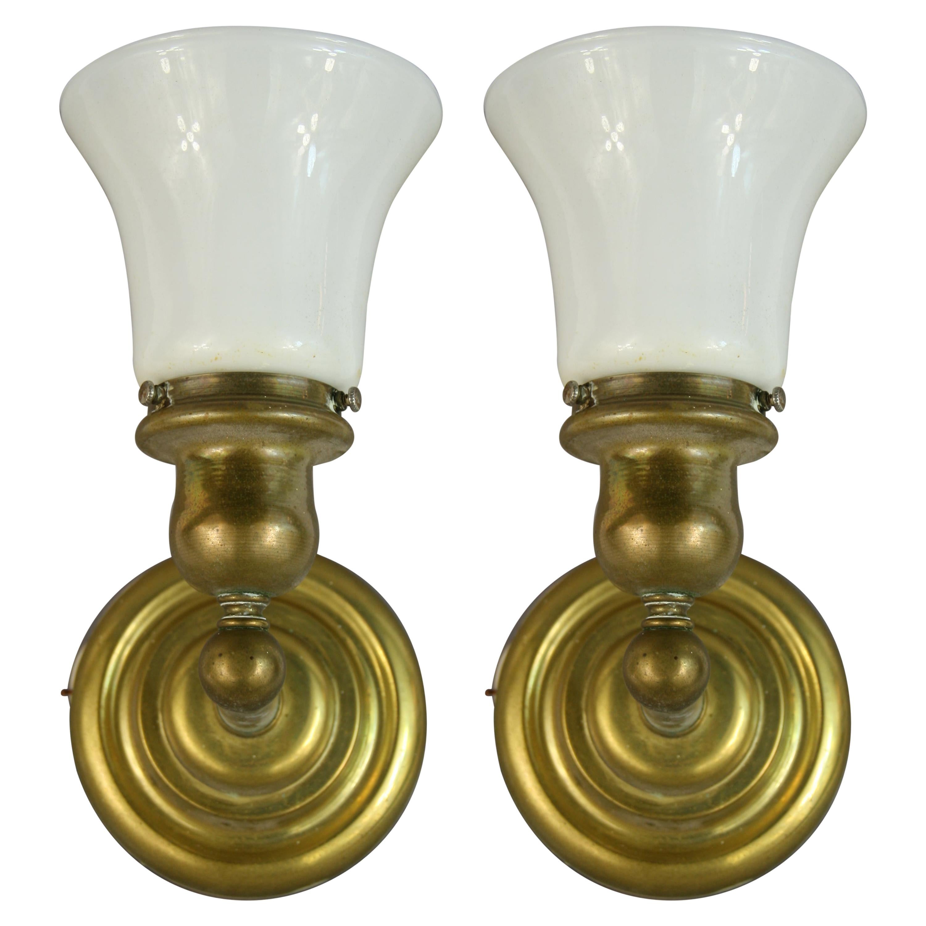 Pair of Brass Sconces with Opaline Glass Shade, circa 1940s