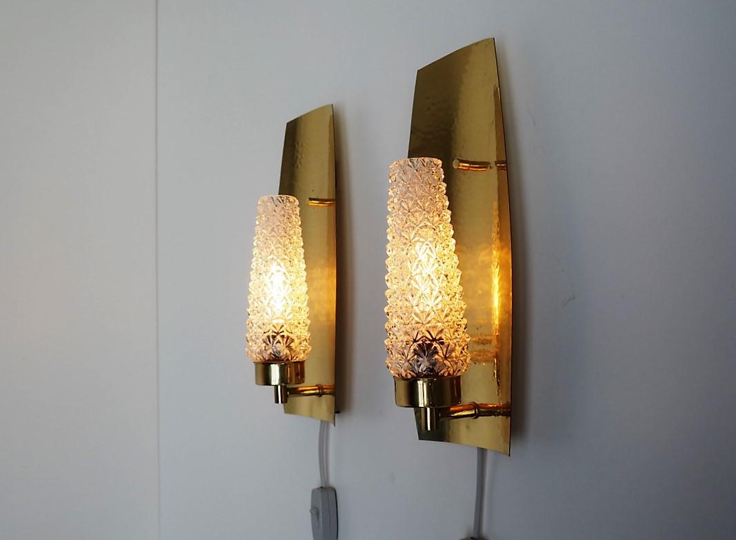 Danish Pair of Brass Sconces with Glass Shades, Scandinavian Design from the 1960s For Sale