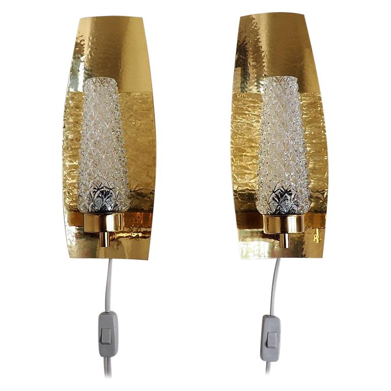 Pair of Brass Sconces with Glass Shades, Scandinavian Design from the 1960s For Sale