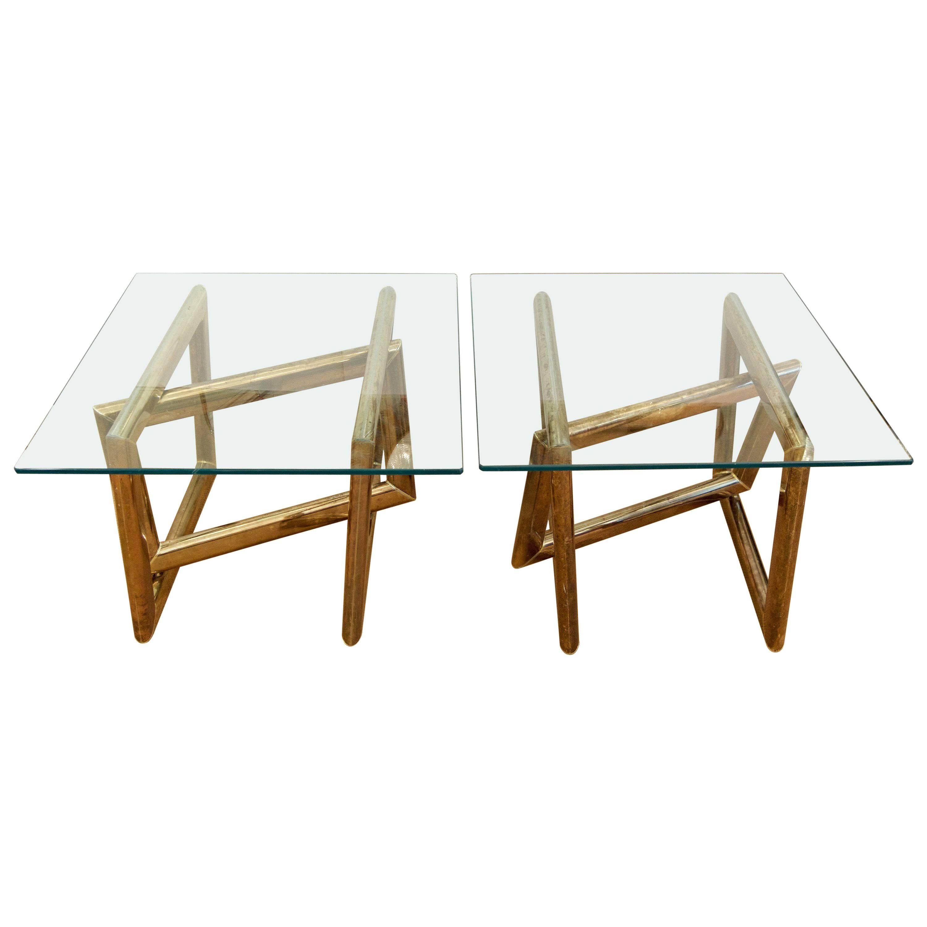 Pair of Brass Sculptural Side Tables with Glass Tops For Sale