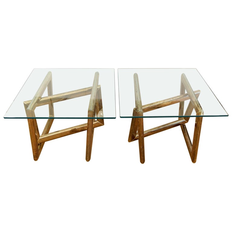 Pair of Brass Sculptural Side Tables with Glass Tops For Sale at 1stDibs