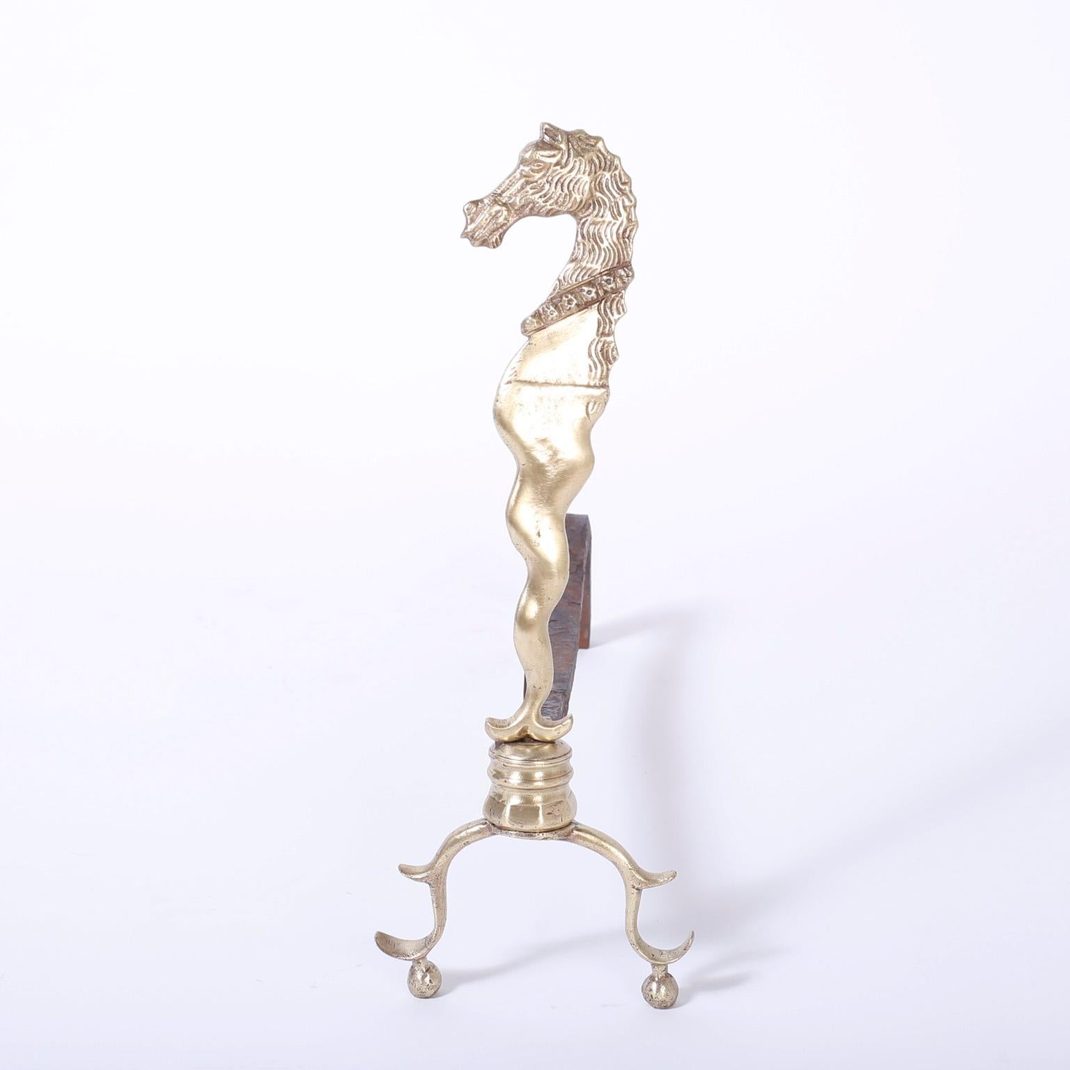 Victorian Pair of Brass Sea Horse Andirons