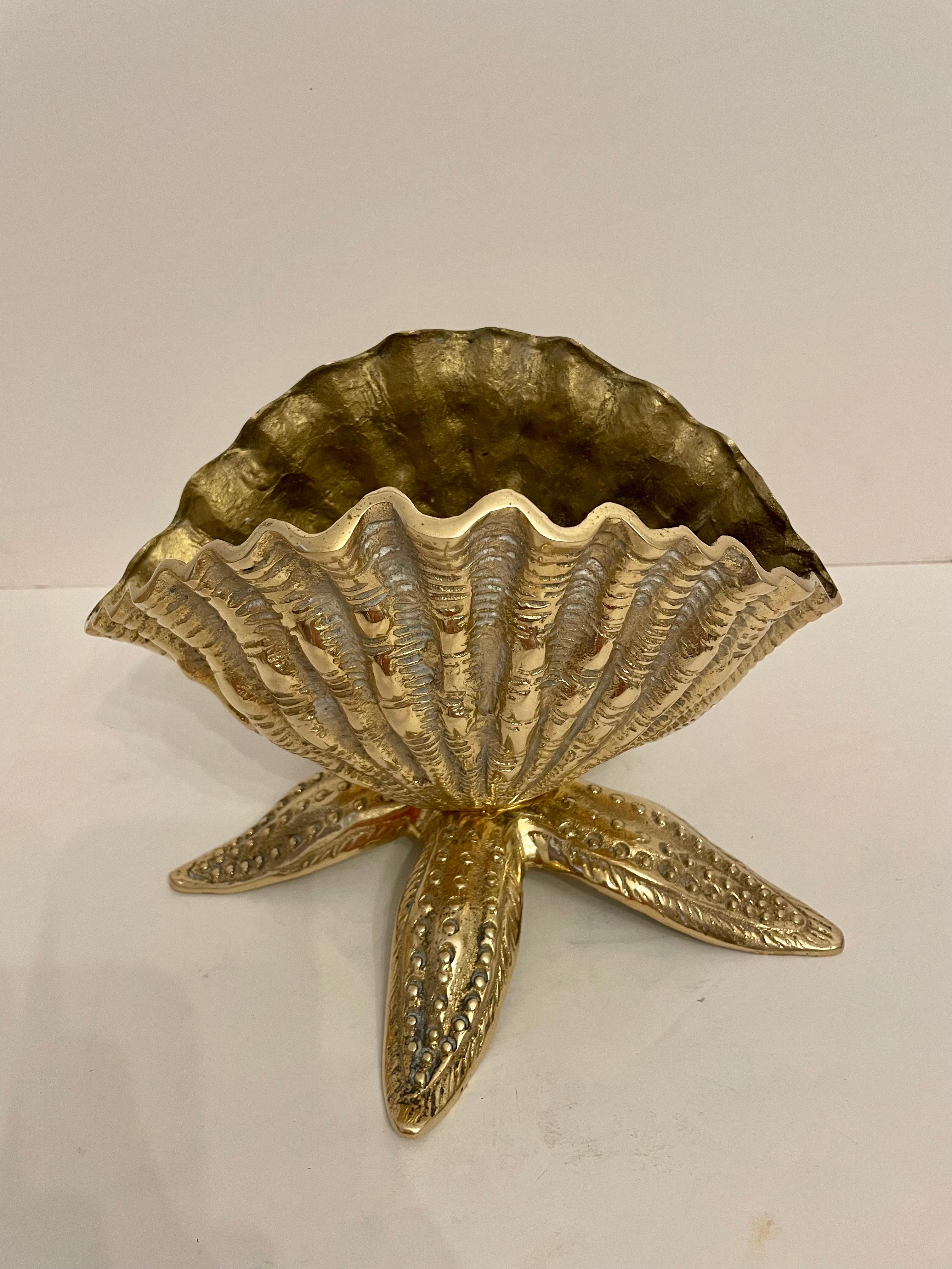 Cast Pair of Brass Seashell Nautilus Planters on Starfish Base