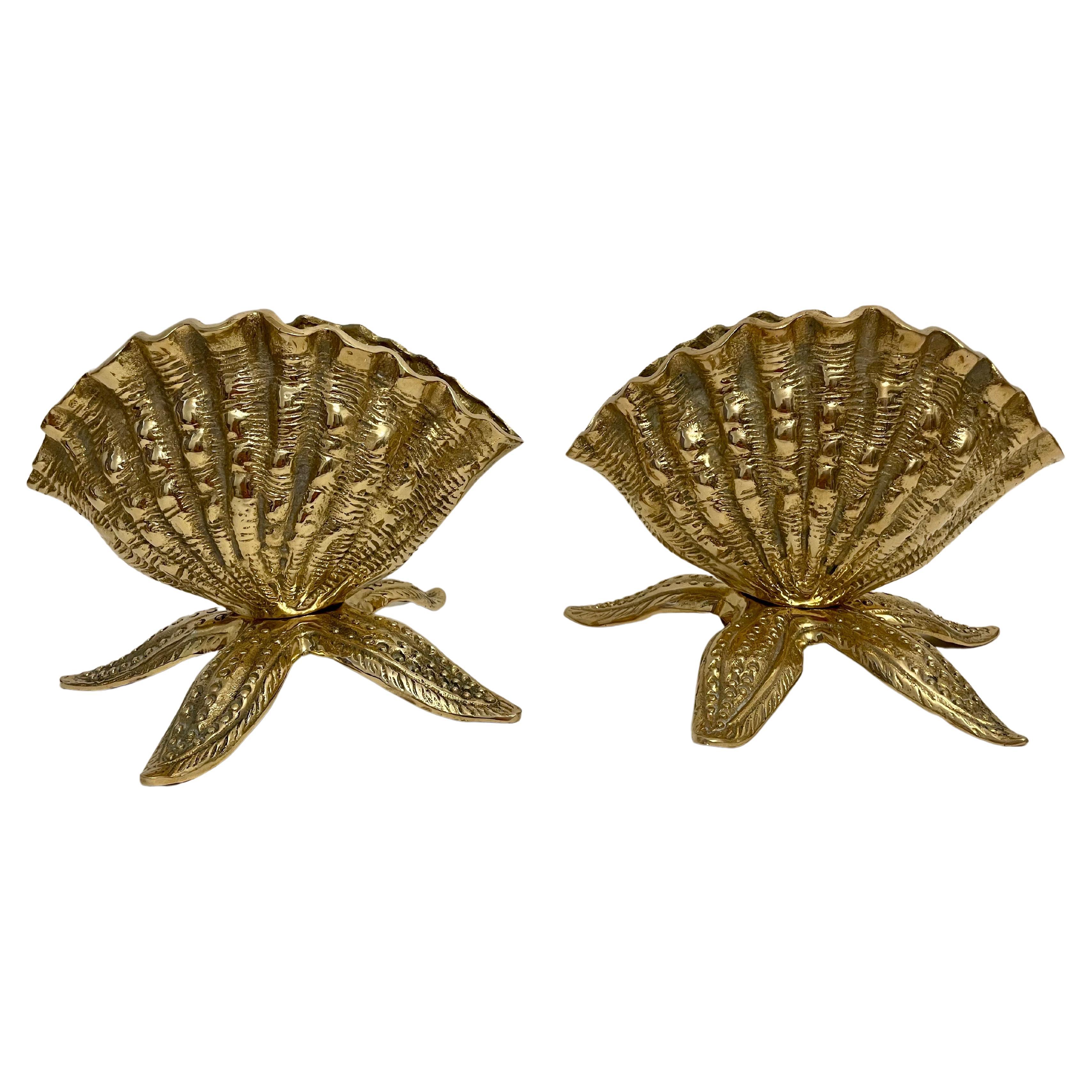 Pair of Brass Seashell Nautilus Planters on Starfish Base
