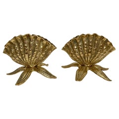 Vintage Pair of Brass Seashell Nautilus Planters on Starfish Base