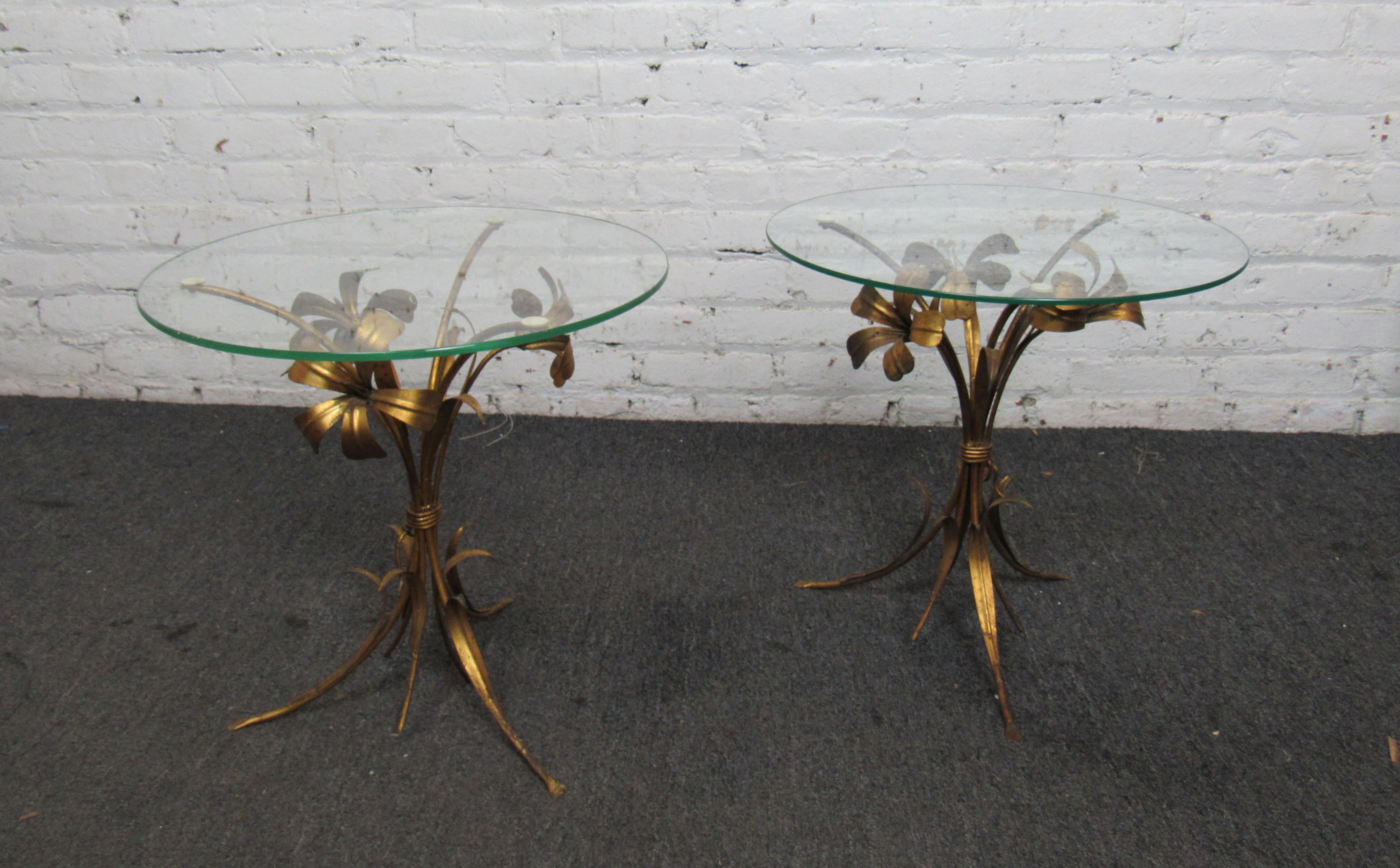 Mid-Century Modern Pair of Brass Sheaf of Wheat Side Tables