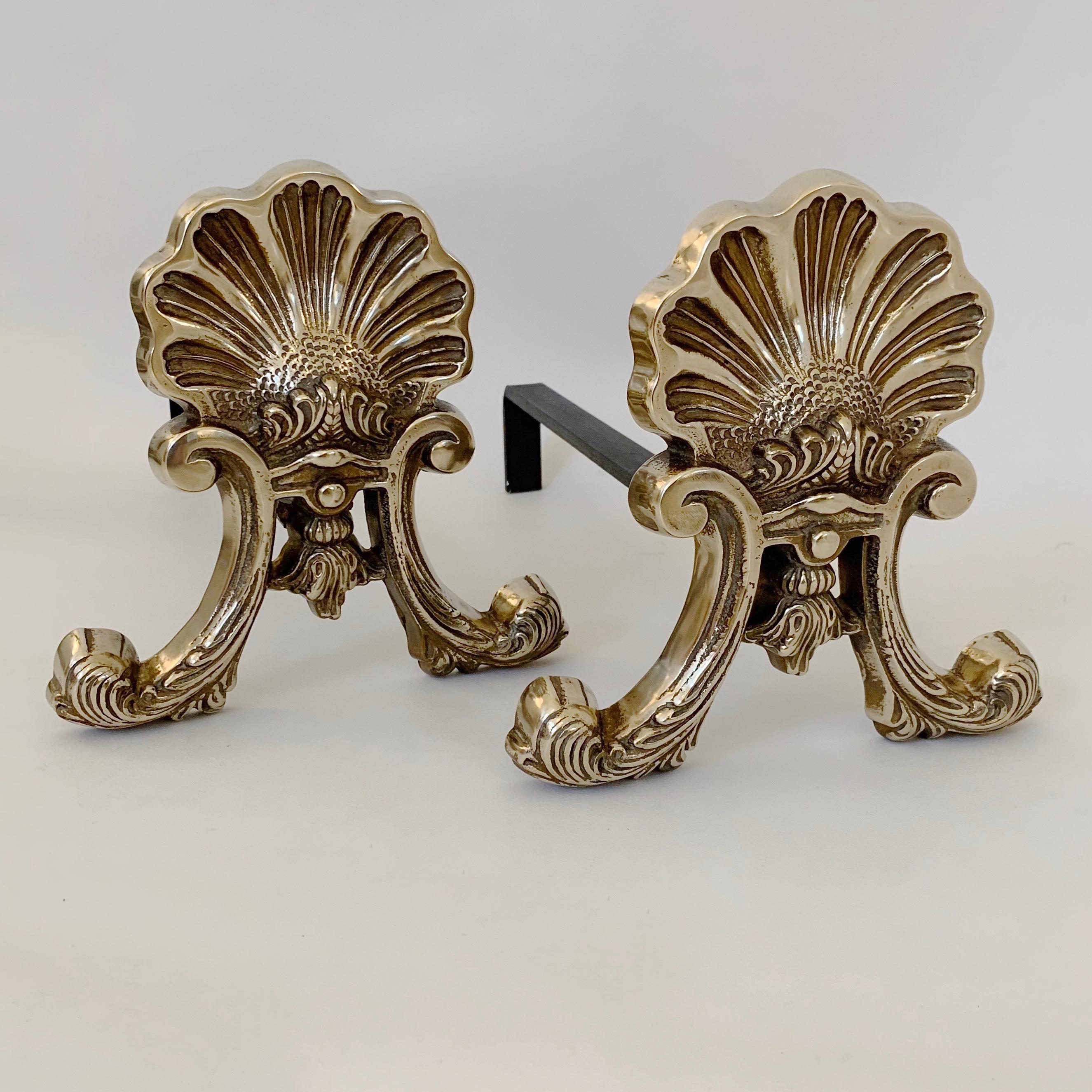 Pair of Brass Shell Andirons, circa 1900, France. For Sale 6