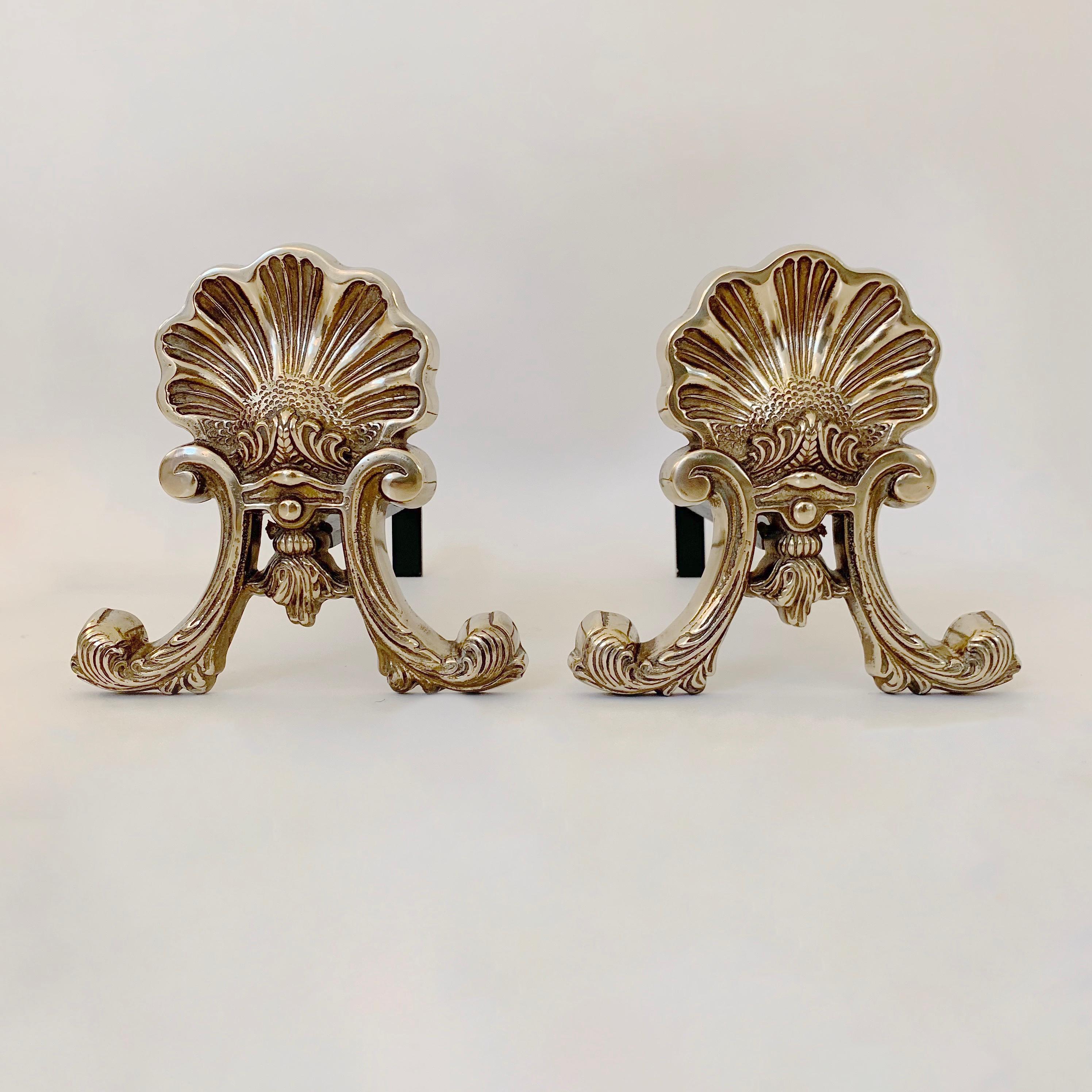 Pair of Brass Shell Andirons, circa 1900, France. For Sale 7
