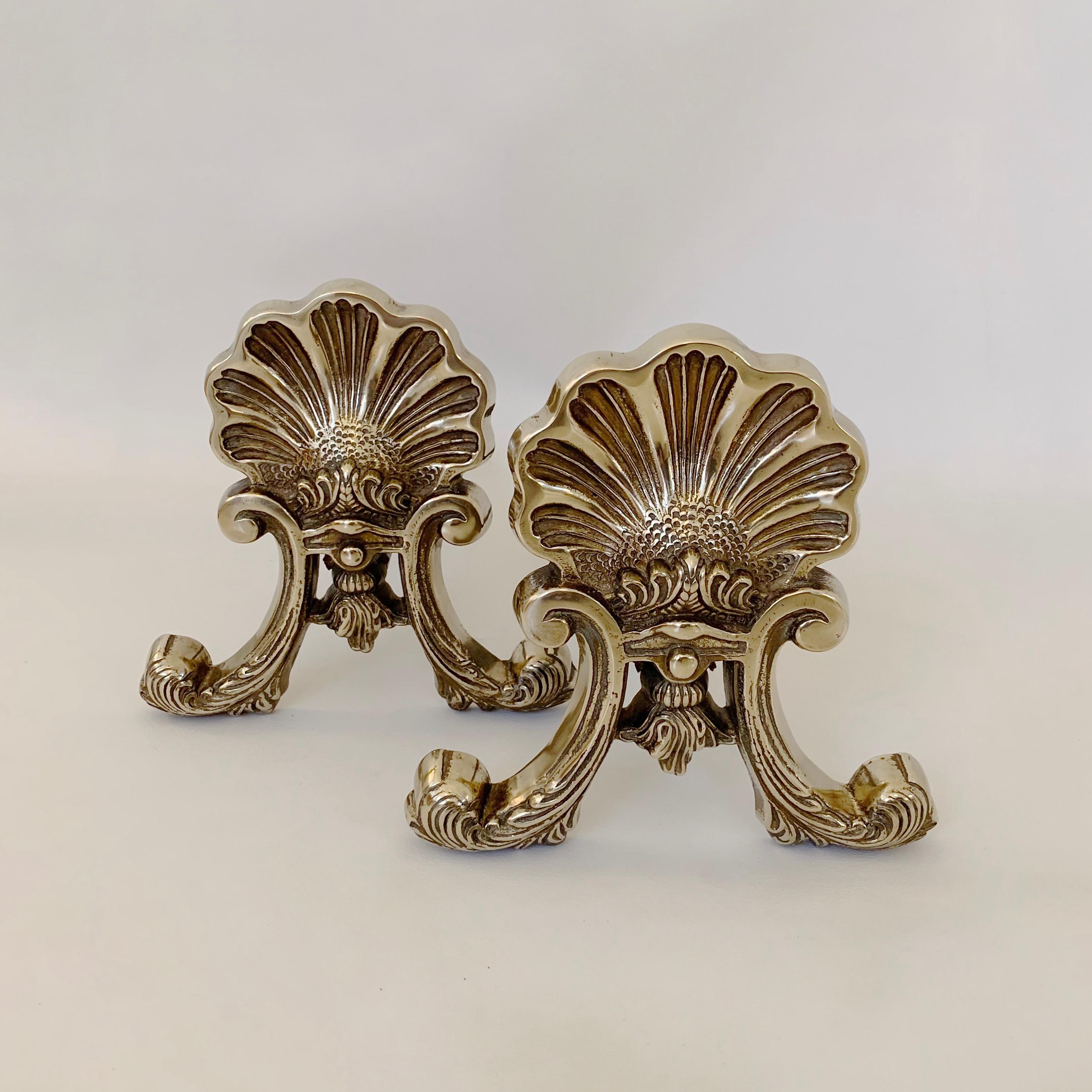 Neoclassical Pair of Brass Shell Andirons, circa 1900, France. For Sale