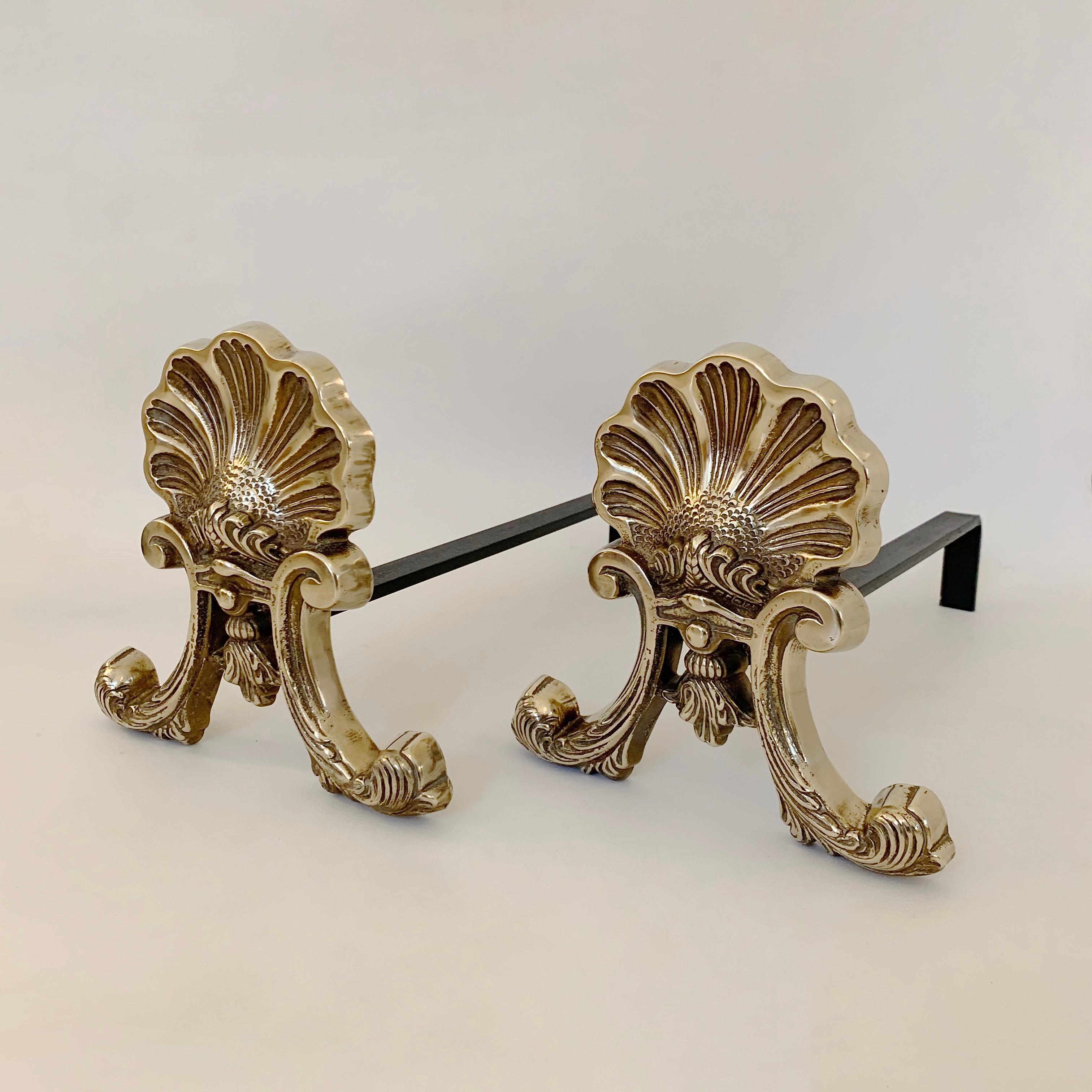 French Pair of Brass Shell Andirons, circa 1900, France. For Sale