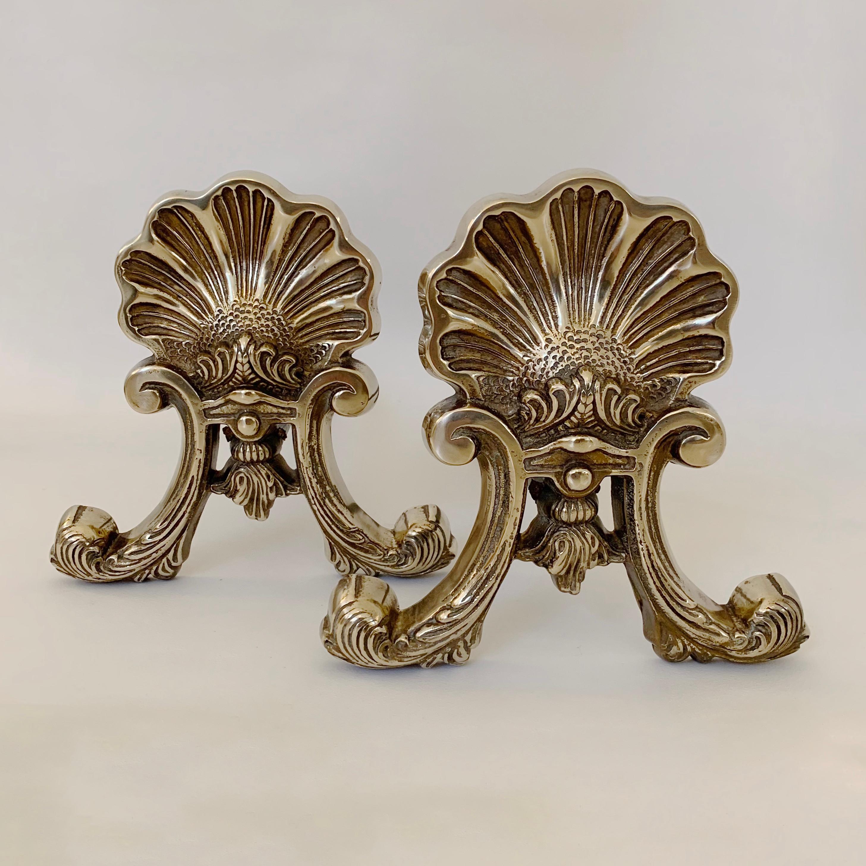 20th Century Pair of Brass Shell Andirons, circa 1900, France. For Sale
