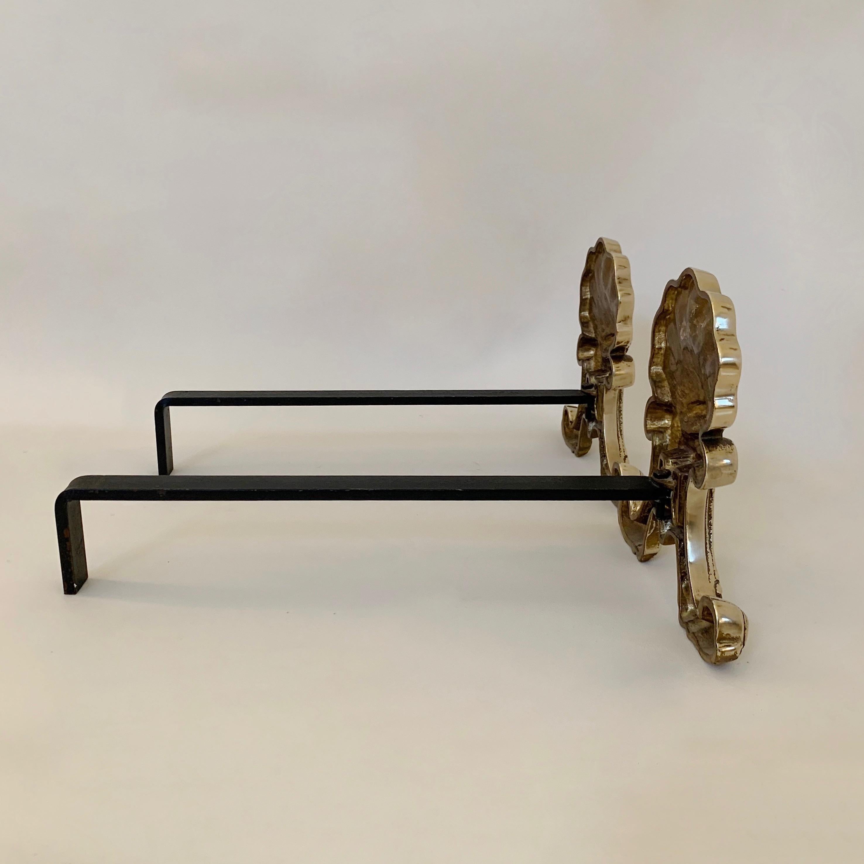 Pair of Brass Shell Andirons, circa 1900, France. For Sale 1