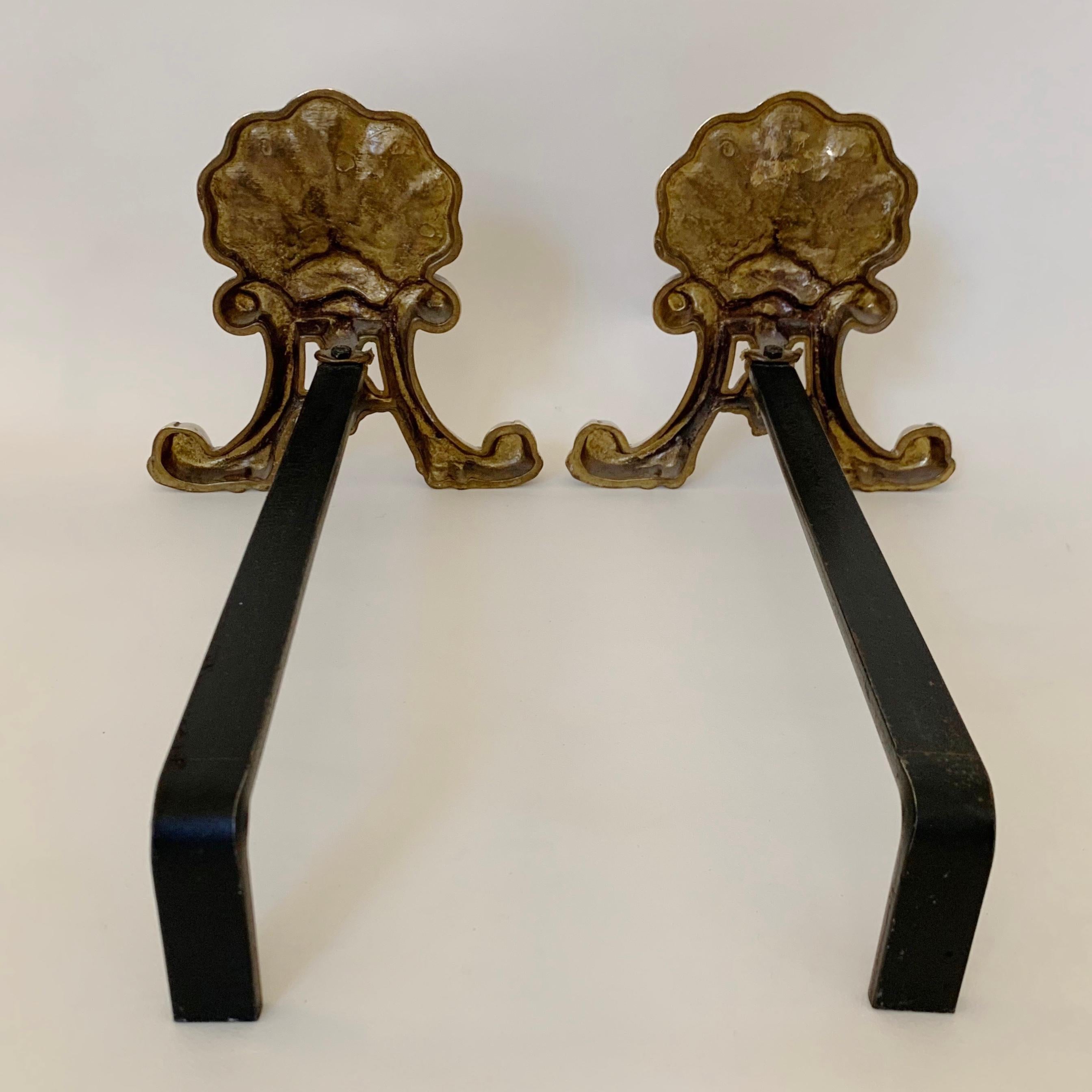 Pair of Brass Shell Andirons, circa 1900, France. For Sale 2